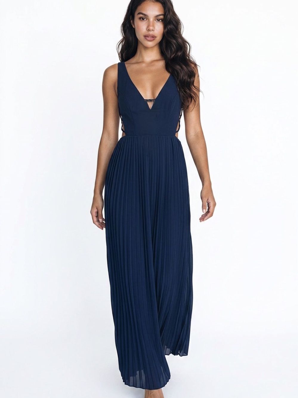 SOIEBLU | Deep Blue Plunge Pleated Maxi Dress Strappy Sides Women’s Size Medium